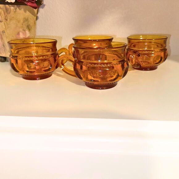 Vintage Amber Glass Thumbprint Cups | Set of 4 | Warm Fall Midcentury MCM - Picture 3 of 11
